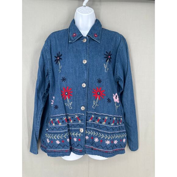 Vintage Jackets & Blazers - 90s Vintage Jacket Womens Large Denim Floral Embroidered Boho Cottage Button